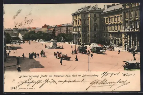 AK Wien III, Pferdebahn auf dem Schwarzenberg-Platz mit Monument Fürst Carl von Schwarzenberg