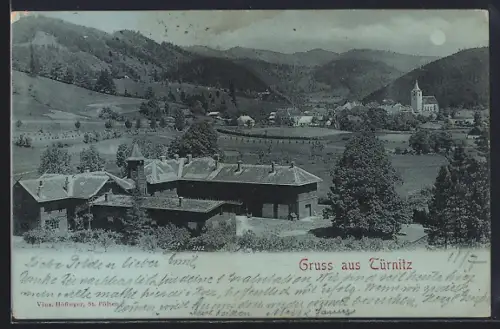 Mondschein-AK Türnitz, Teilansicht mit Bergen aus der Vogelschau