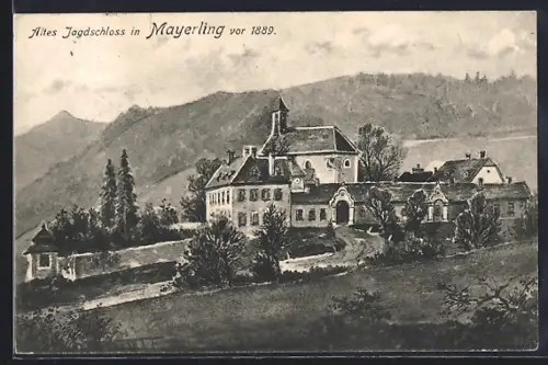 Künstler-AK Mayerling, Altes Jagdschloss mit Bergpanorama