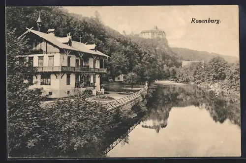 AK Rosenburg, Uferpartie mit Blick zum Schloss