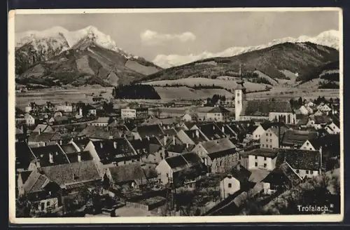 AK Trofaiach, Totalansicht mit Bergpanorama aus der Vogelschau