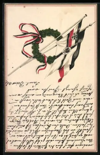 Künstler-AK Reichsfahne und Reichskriegsfahne in einem Kranz