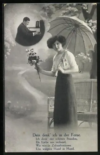 AK Dame mit Schirm und Blumenstrauss denkt an ihrem Geliebten