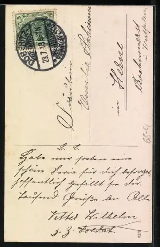 AK Dame mit Schirm und Blumenstrauss denkt an ihrem Geliebten