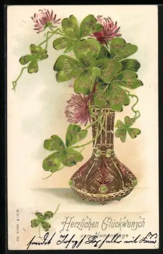 AK Soviel Blumen auf lachenden Auen, Blumenvase mit Glücksklee, Golddruck