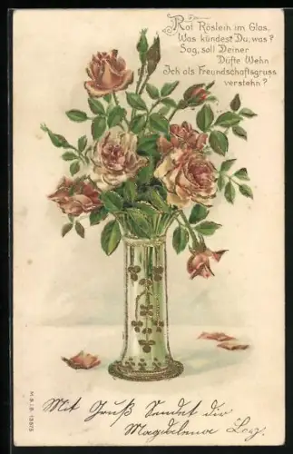 Künstler-AK Rosen in einer Vase, Rot Röslein im Glas, Was kündest Du, was? ...