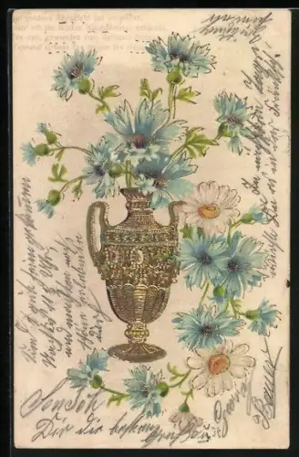 Lithographie Kornblumen in einer Vase