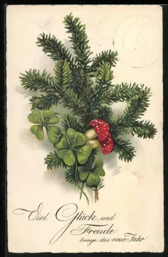 Künstler-AK Fliegenpilze, Tannenzweig, Glücksklee