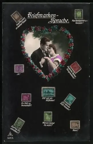 AK Paar in einem Herz-Rahmen, Briefmarkensprache