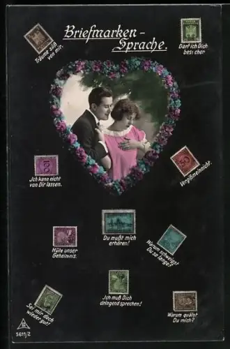 AK Paar in einem herzförmigen Rahmen aus Blumen, Briefmarkensprache