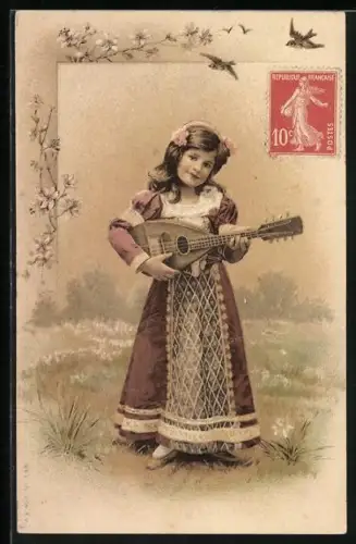 AK Fröhliche Pfingsten, Mädchen mit Laute