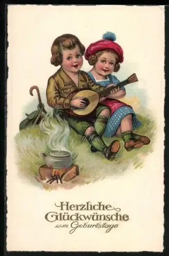 AK Zwei Kinder sitzen auf einer Wiese mit einer Laute