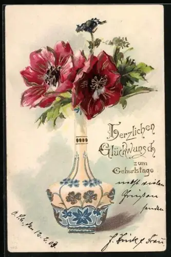 Lithographie Mohnblumen in einer Vase, Geburtstag