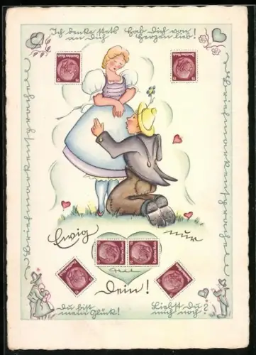 Künstler-AK Mann kniet vor seiner Geliebten, Briefmarkensprache