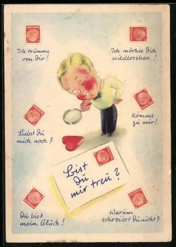 AK Mann blick durch eine Lupe auf ein Herz, Briefmarkensprache