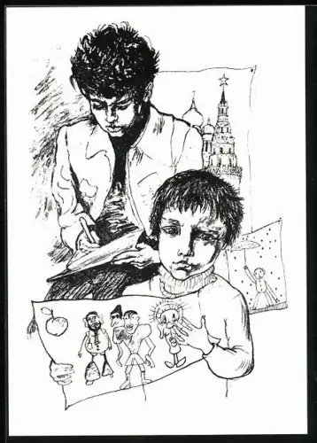 Künstler-AK Kind hält ein von ihr gemaltes Bild, Kleine Künstler aus einer grossen Stadt 1975