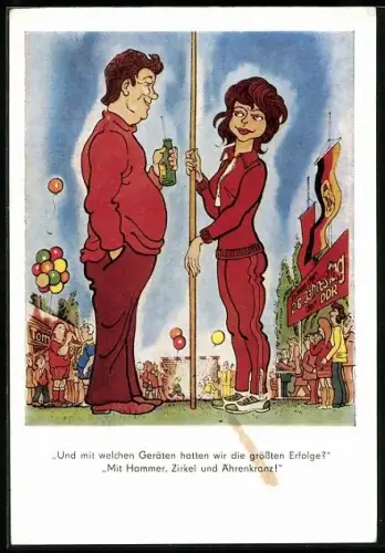 Künstler-AK 26. Jahrestag der DDR, Festplatz mit Flaggen und Ballons