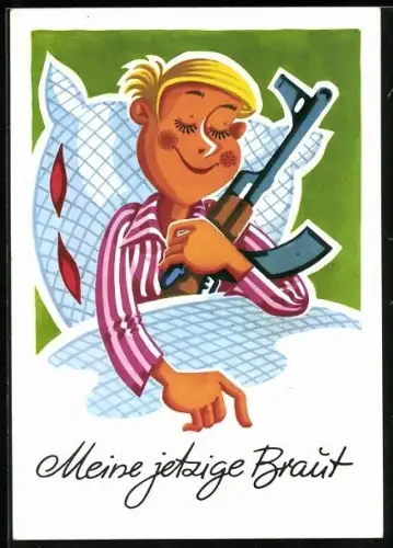 Künstler-AK Mann mit einem Gewehr im Bett, Meine jetzige Braut