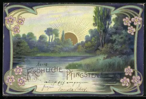 Sonnenschein-AK Seepartie mit goldener Sonne, Blumen-Ornamentrahmen, Pfingstgruss