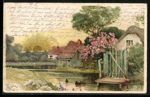 Sonnenschein-AK Ortspartie mit Ententeich zum Sonnenaufgang