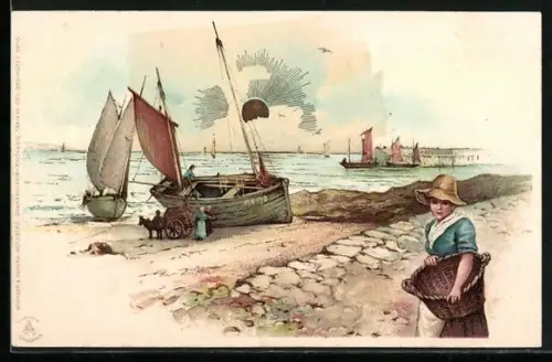 Sonnenschein-AK Strandpartie mit Sgelschiff / Fischerboot