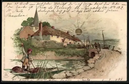 Sonnenschein-AK Sonnenaufgang über einem Dorf am Fluss