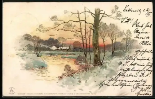 Sonnenschein-AK Winterlandschaft mit Partie am Ufer, Blick in den Ort