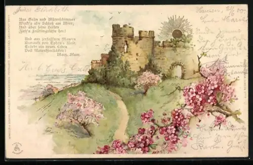 Sonnenschein-AK Burgruine am Wasser mit goldener Sonne u. Baumblüte, Gedicht