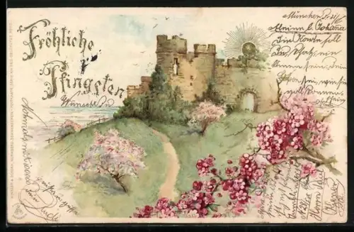 Sonnenschein-AK Burgruine am Wasser mit goldener Sonne u. Baumblüte, Pfingstgruss