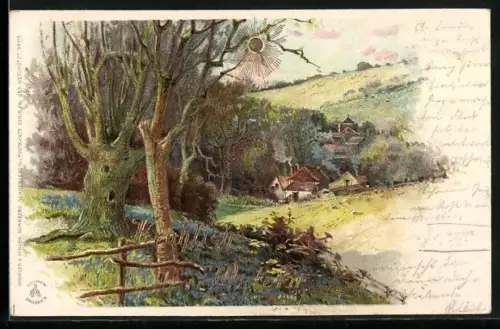 Sonnenschein-AK Panorama mit Waldrand und Ort