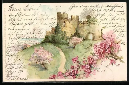 Sonnenschein-AK Burgruine am Wasser mit goldener Sonne, Baumblüte, Pfingstgruss