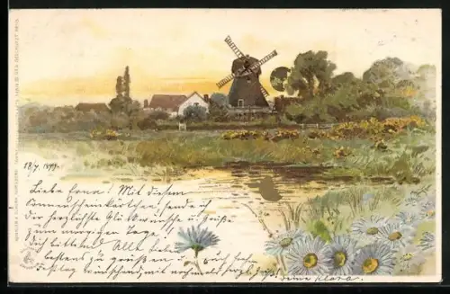 Sonnenschein-AK Gewässerpartie mit Windmühle u. goldener Sonne