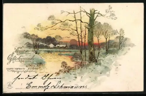 Sonnenschein-AK Winterlandschaft mit Partie am Ufer, Blick in den Ort