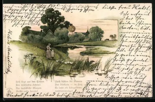 Sonnenschein-AK Flusspartie mit Entenfütterung, goldene Sonne, Gedicht