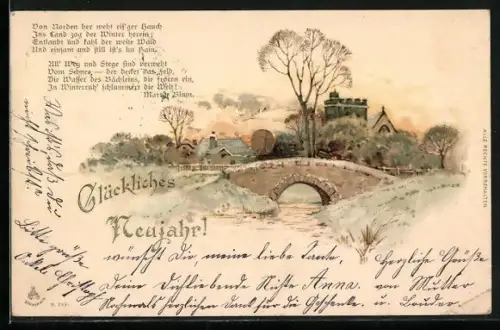 Sonnenschein-AK Brücke und Ortschaft im Winter, Gedicht, Neujahrsgruss, goldene Sonne