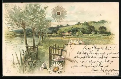 Sonnenschein-AK Satte Felder am Ufer eines Flusses