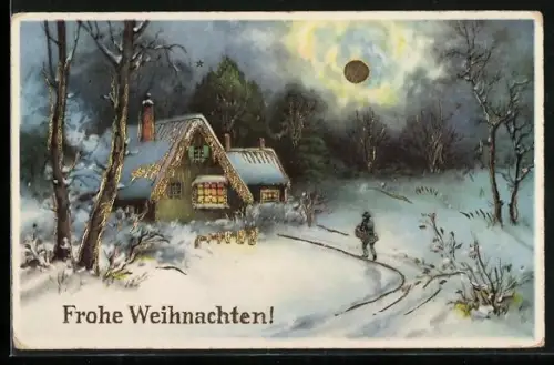 Sonnenschein-AK Haus im Schnee mit sich näherndem Besucher, Weihnachtsgruss, goldene Sonne