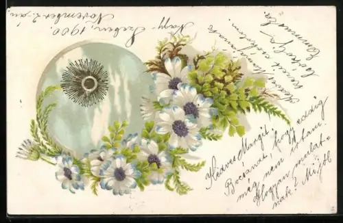 Sonnenschein-AK Wolkenhimmel mit goldener Sonne, Sommerblumen