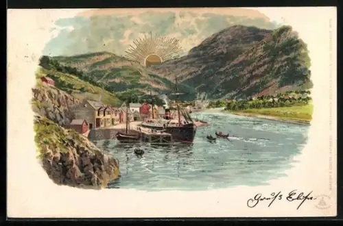 Sonnenschein-AK Hafenpartie eines Bergdorfes mit Dampfschiff