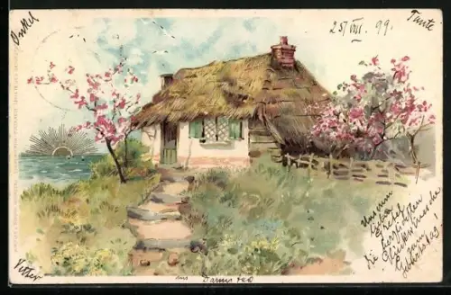 Sonnenschein-AK Haus mit blühenden Bäumen im Frühling