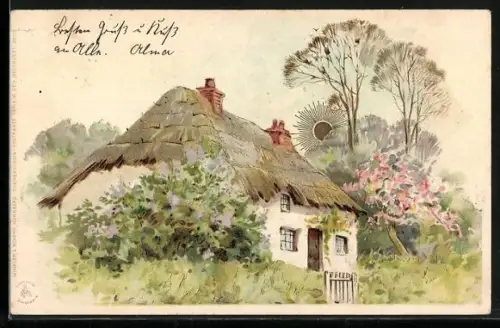 Sonnenschein-Lithographie Bauernhaus mit Strohdach