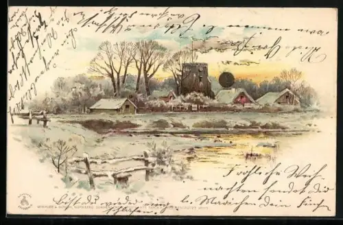 Sonnenschein-AK Verschneites Dorf an einem Teich