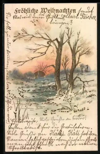 Sonnenschein-AK Flusspartie mit untergehender Sonne, Weihnachtsgruss