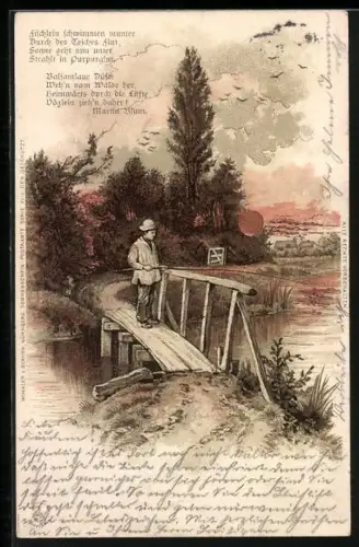 Sonnenschein-AK Angler auf einer Holzbrücke im Schein der Abendsonne