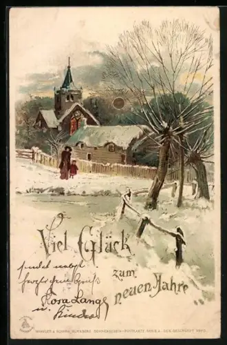 Sonnenschein-AK Muter und Kind vor kleinem Ort im Schnee - Neujahrsgruss