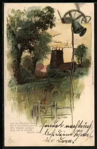 AK Frohe Ostern, Blick auf einen Turm bei Abendrot