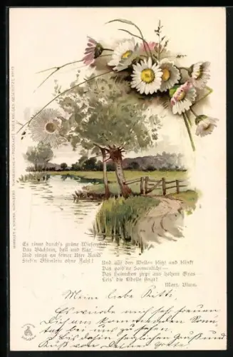 Sonnenschein-AK Uferlandschaft mit Bäumen, Gänseblumen