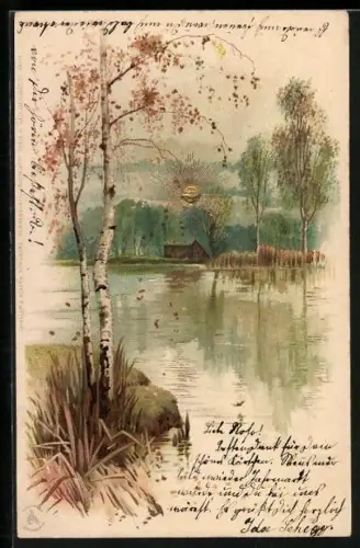 Sonnenschein-AK Hütte im Sonnenschein über See im Herbst