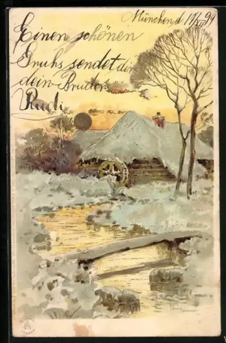 Sonnenschein-AK Wassermühle im Winter, goldene Sonne