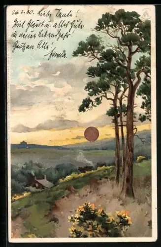 Sonnenschein-AK aufgehende Sonne hinter einer Hügelkette